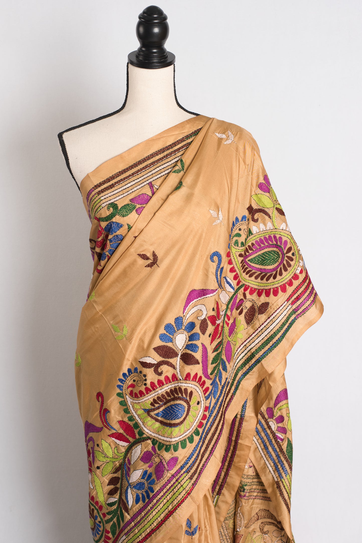 Mrittika - Brown Blended Silk Hand Embroidered Kantha Stitch Saree image 5
