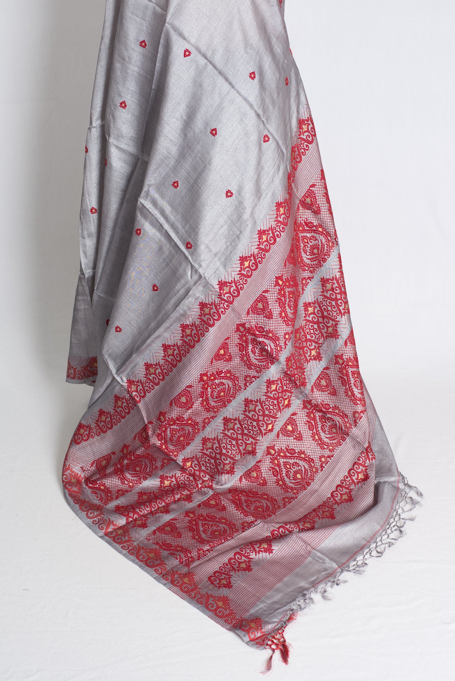 Meera : Bengal Tussar Silk Saree in Steel Gray and Red image 3