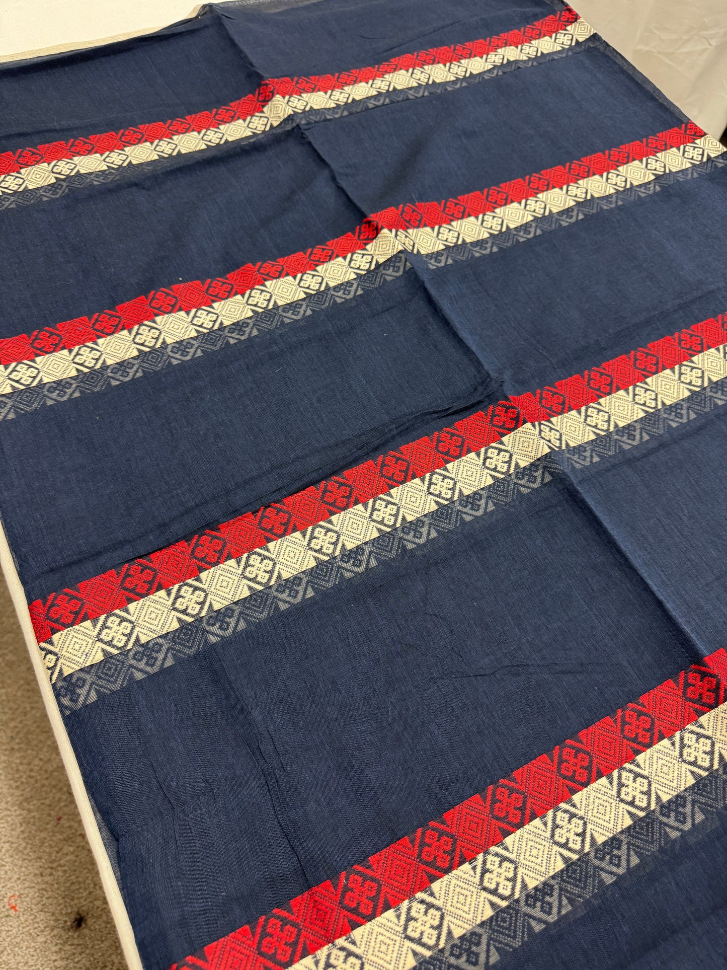 Neela : Blue and Red Horizontal Stripe Dhaniakhali Bengali Soft Cotton Saree image 2