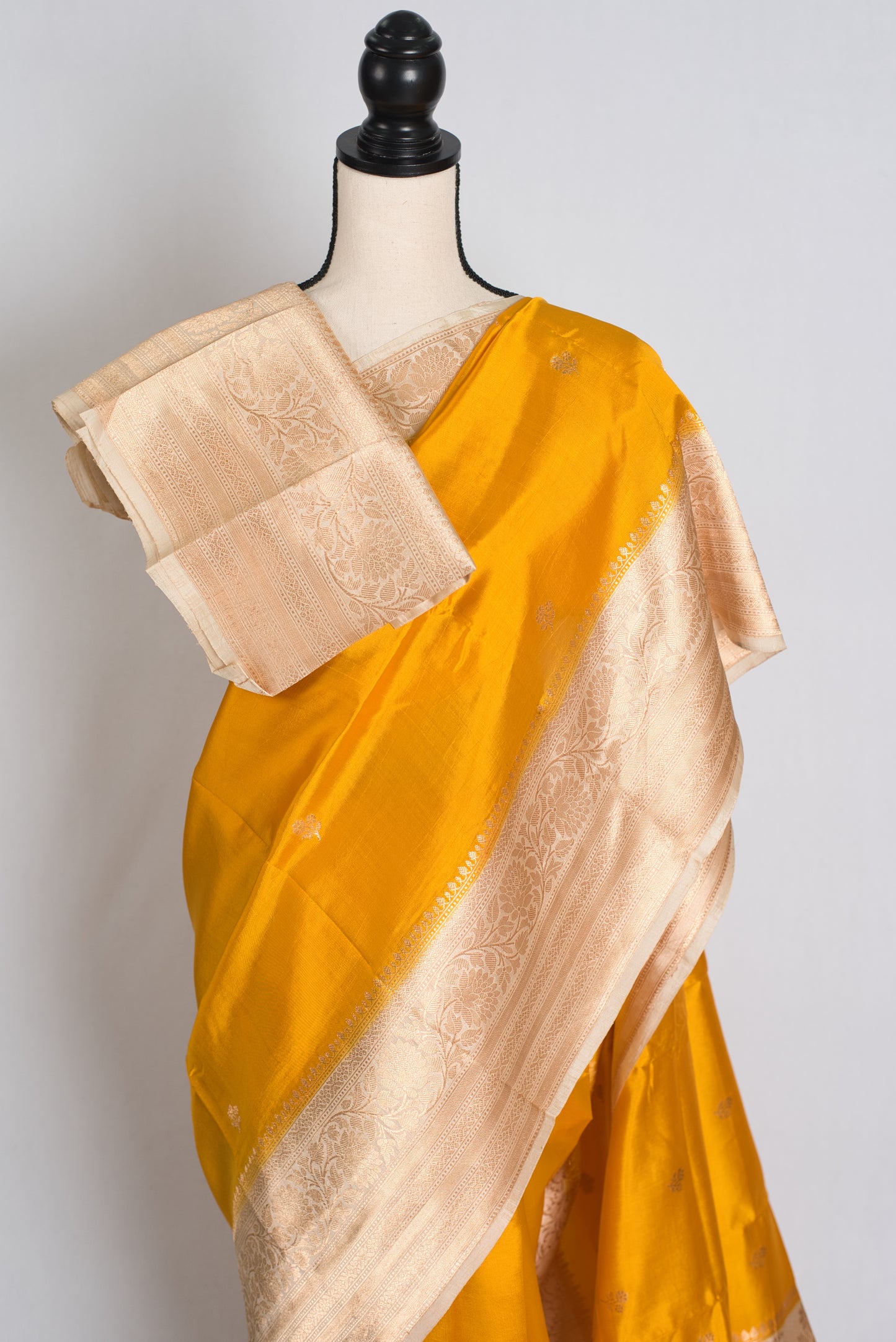 Swarnima : Silk Mark Certified Golden Yellow and Cream Satin Silk Banarasi Saree image 2