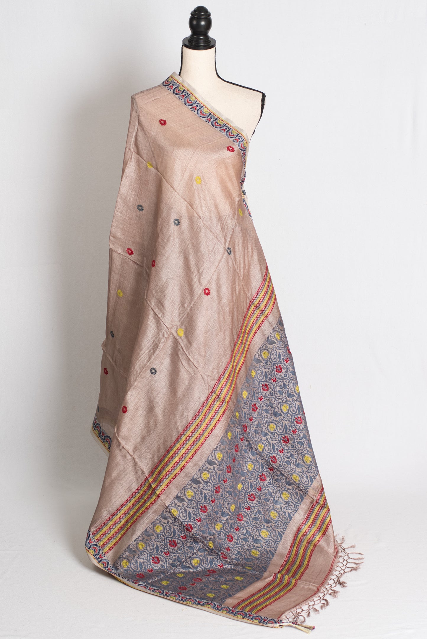 Charulata : Bengal Tussar Silk Saree in English Brown with Multicolour Buti image 1