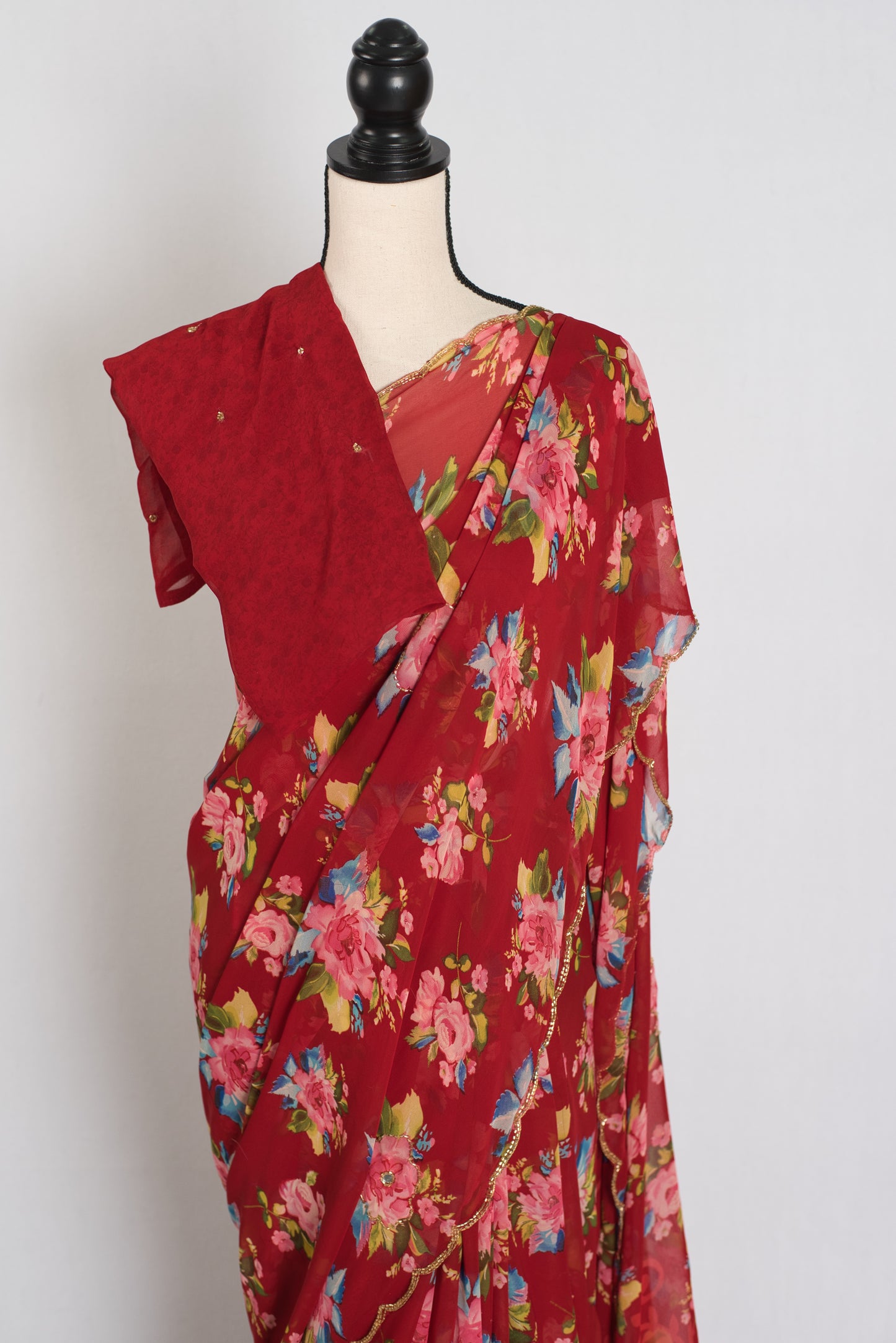 Vibha : Red Floral Georgette Designer Embroidery Saree image 4