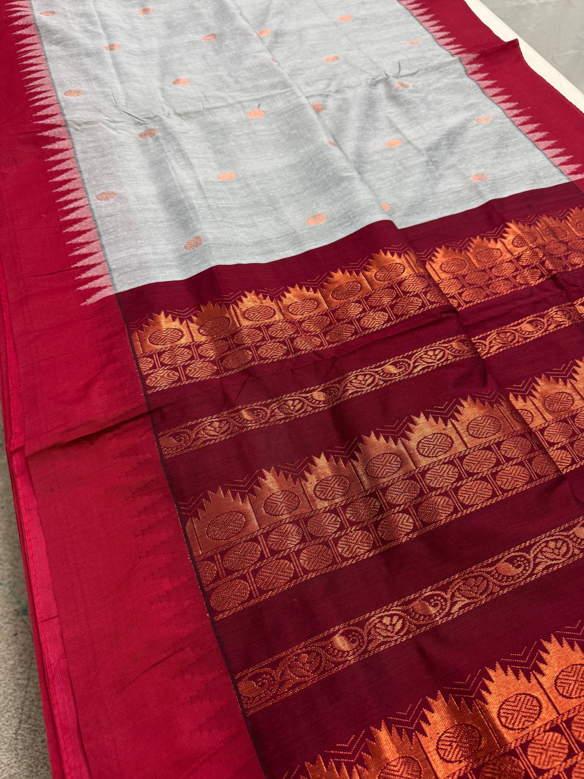 Padma : Blended Cotton Gadwal Saree in Grey and Dark Red image 1