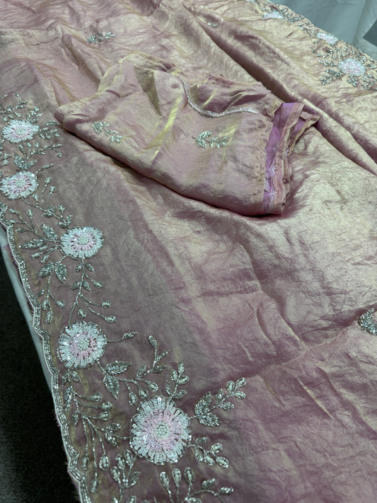 Mahi : Hand Embroidery Soft Tissue Designer Saree in Frosted Pink image 2