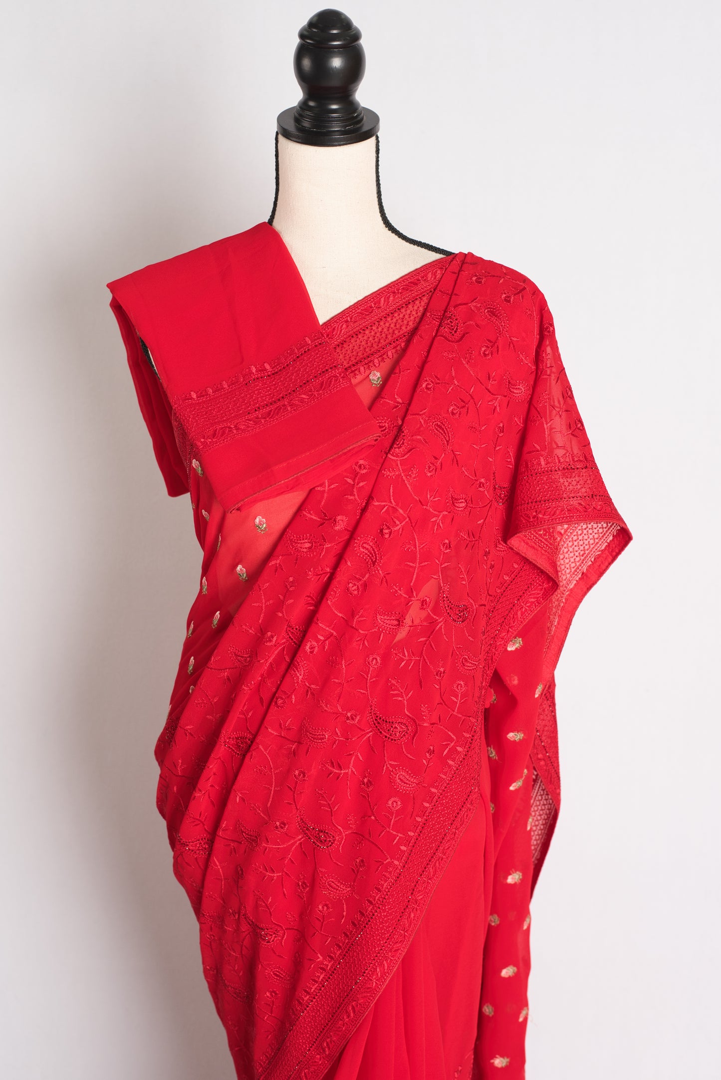 Laalima - Bright Red Kashmiri Georgette Embroidered Saree image 2