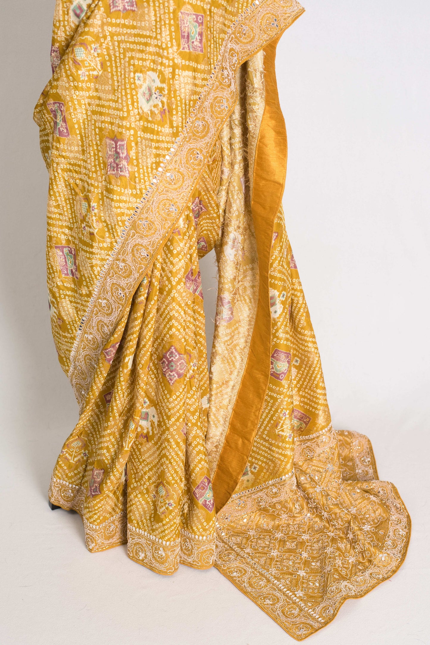 Hiya : Hand Embroidered Petai Zardosi Mirror Work Bandhani Saree in Yellow image 6