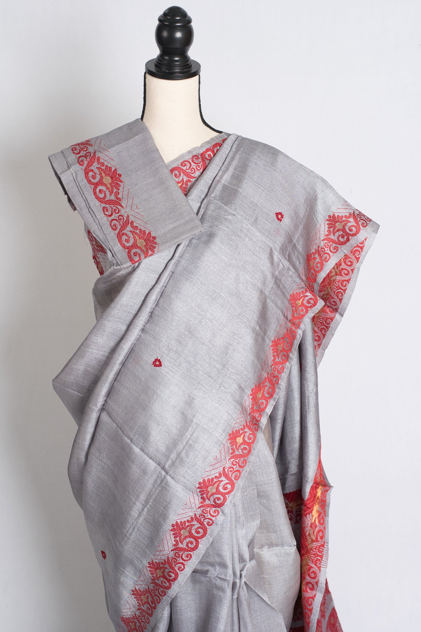 Meera : Bengal Tussar Silk Saree in Steel Gray and Red image 2