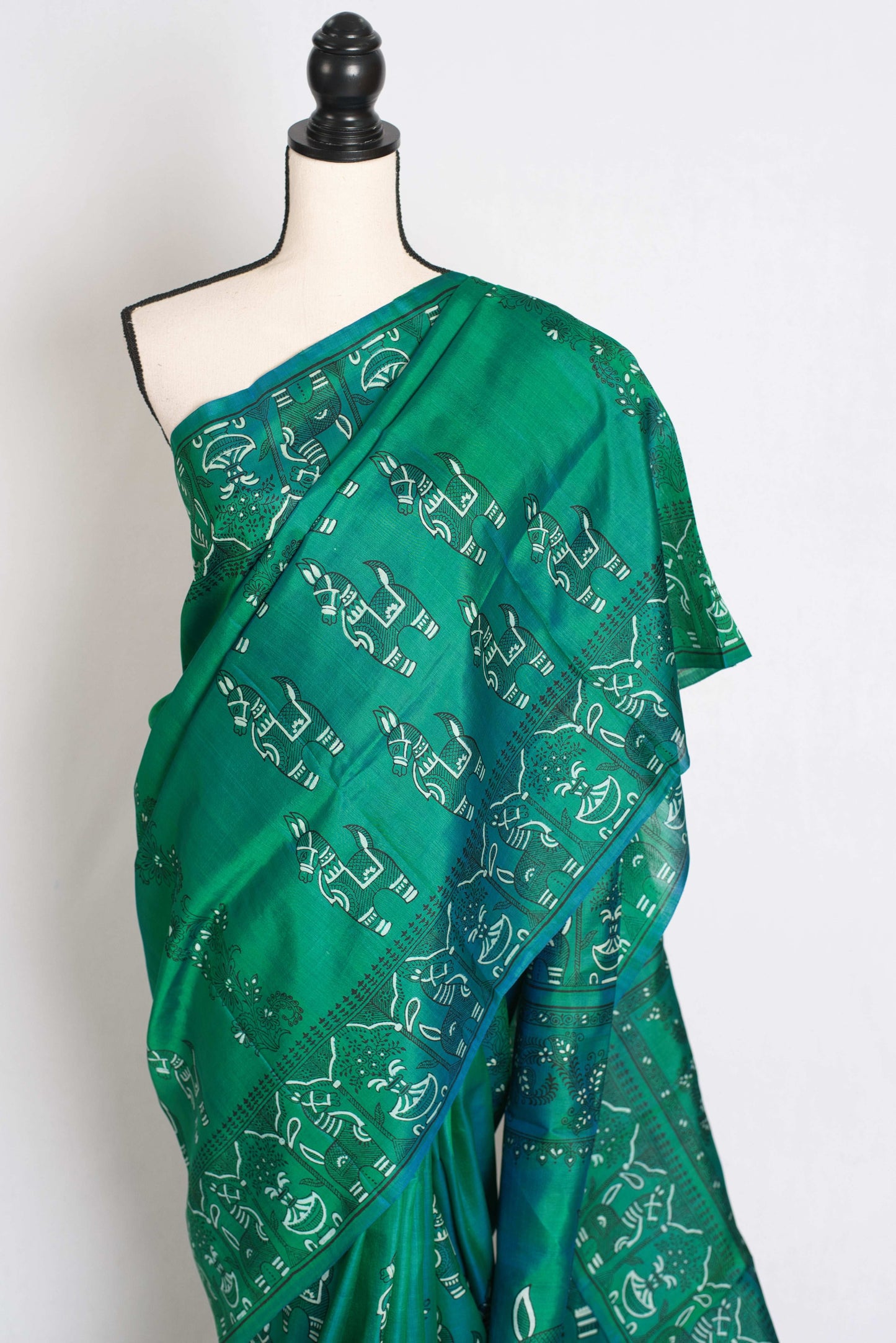 Bimala : Silk Mark Certified Green Bishnupur Katan Silk Printed Baluchari Saree image 6