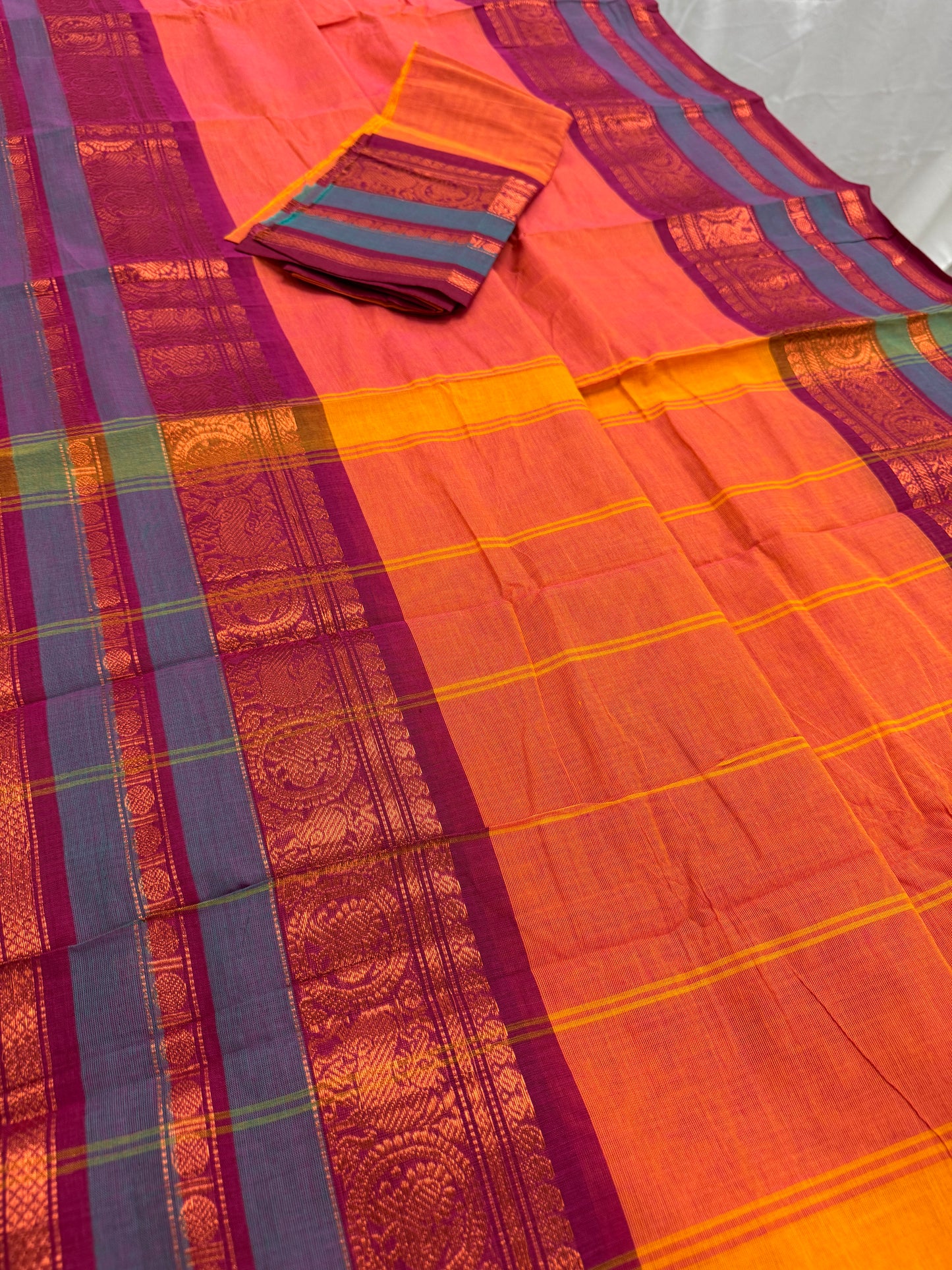 Malathi : Handwoven Kanchi Cotton Saree in Orange and Magenta image 2