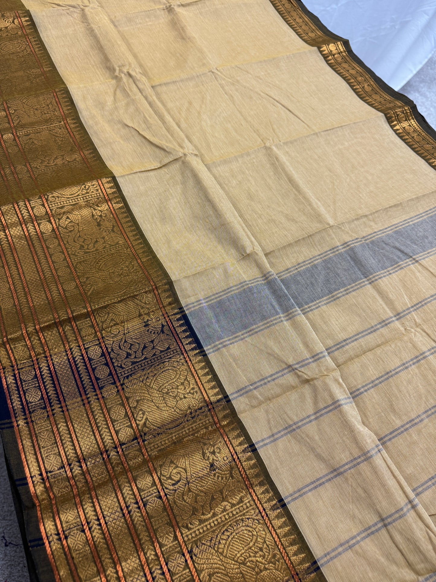Sanvi : Handwoven Kanchi Cotton Saree in Light Brown and Henna Green image 0