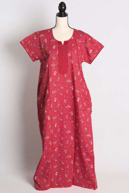 Pure Cotton Red Floral Printed Indian Nighty in Regular Size.