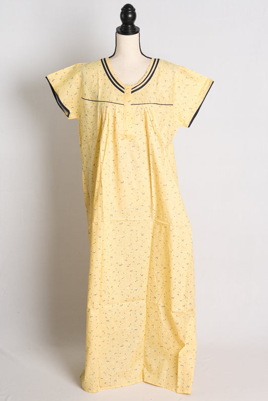Pure Cotton Yellow Floral Printed Indian Nighty in Regular Size.