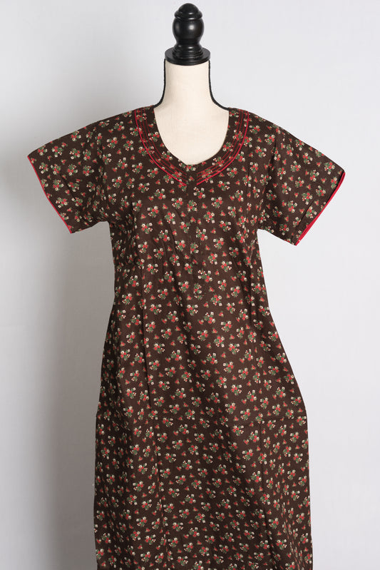 Pure Cotton Brown Floral Printed Indian Nighty in Regular Size.
