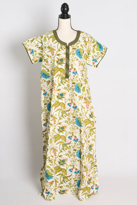 Printed White and Green Cotton Nightwear in Regular Size.