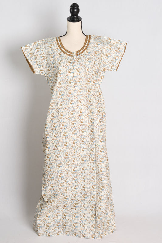 Printed White and Green Cotton Nightwear in Regular Size.