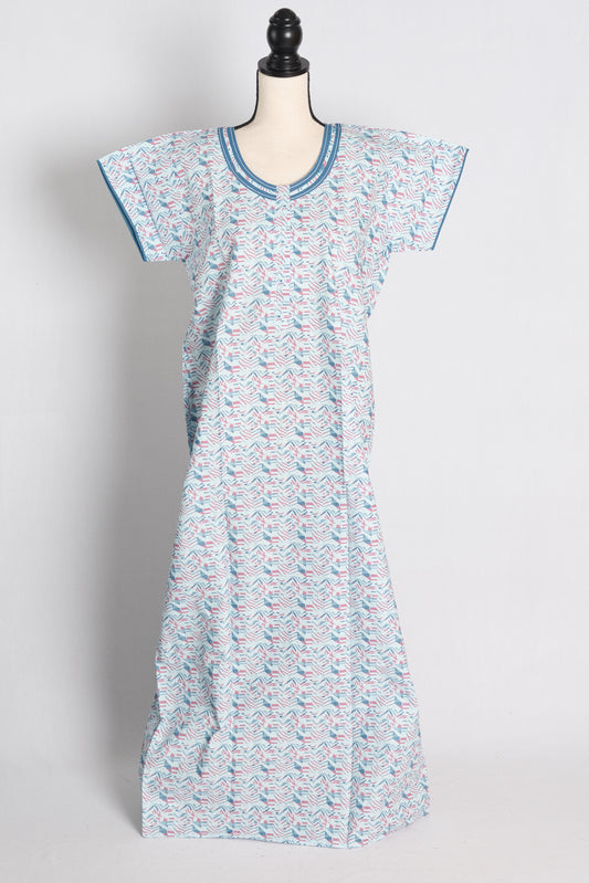 Printed White and Blue Cotton Nightwear in Regular Size.