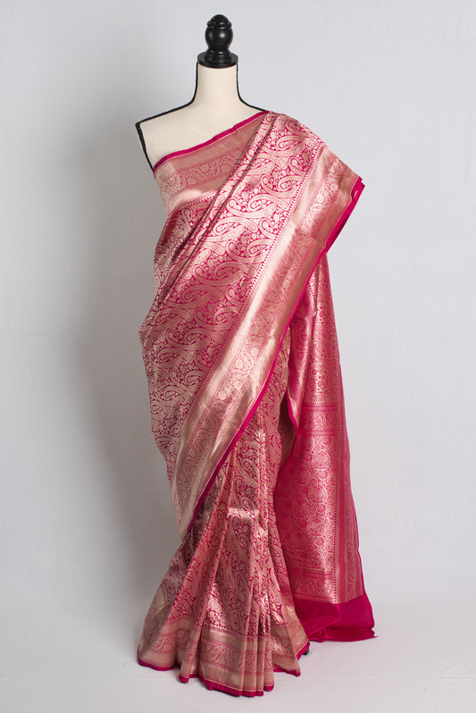Bridal Brocade Banarasi Saree In Hot Pink and Water Gold.
