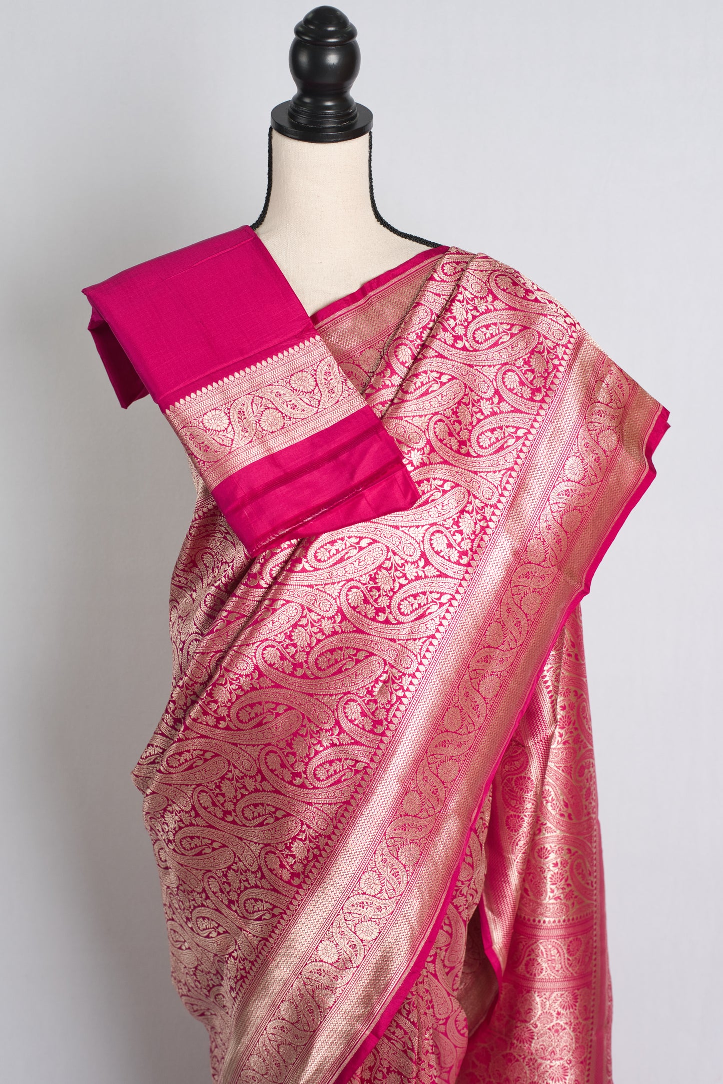 Bridal Brocade Banarasi Saree In Hot Pink and Water Gold.