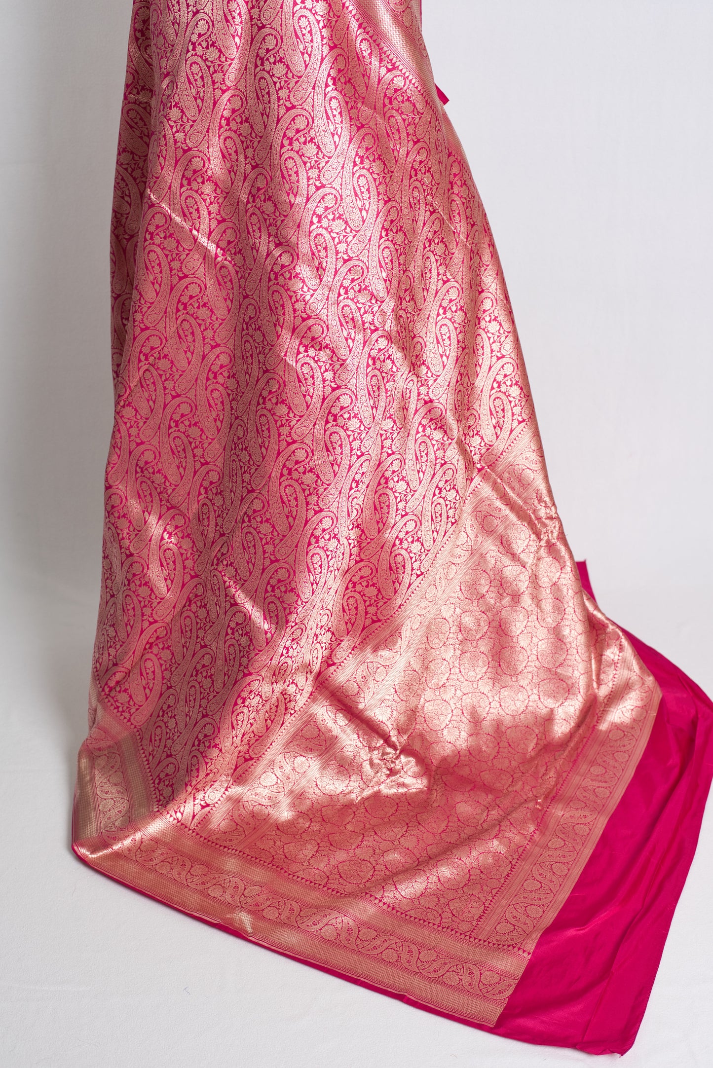 Bridal Brocade Banarasi Saree In Hot Pink and Water Gold.