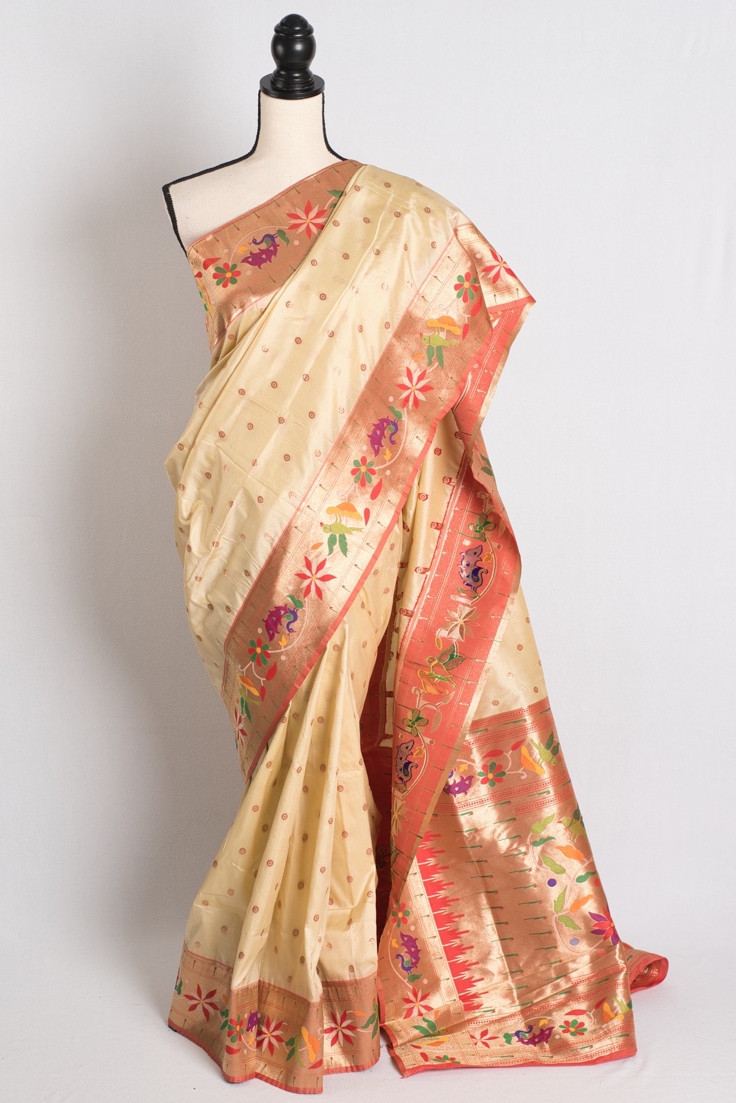 Blended Silk Paithani Saree in Cream and Gold