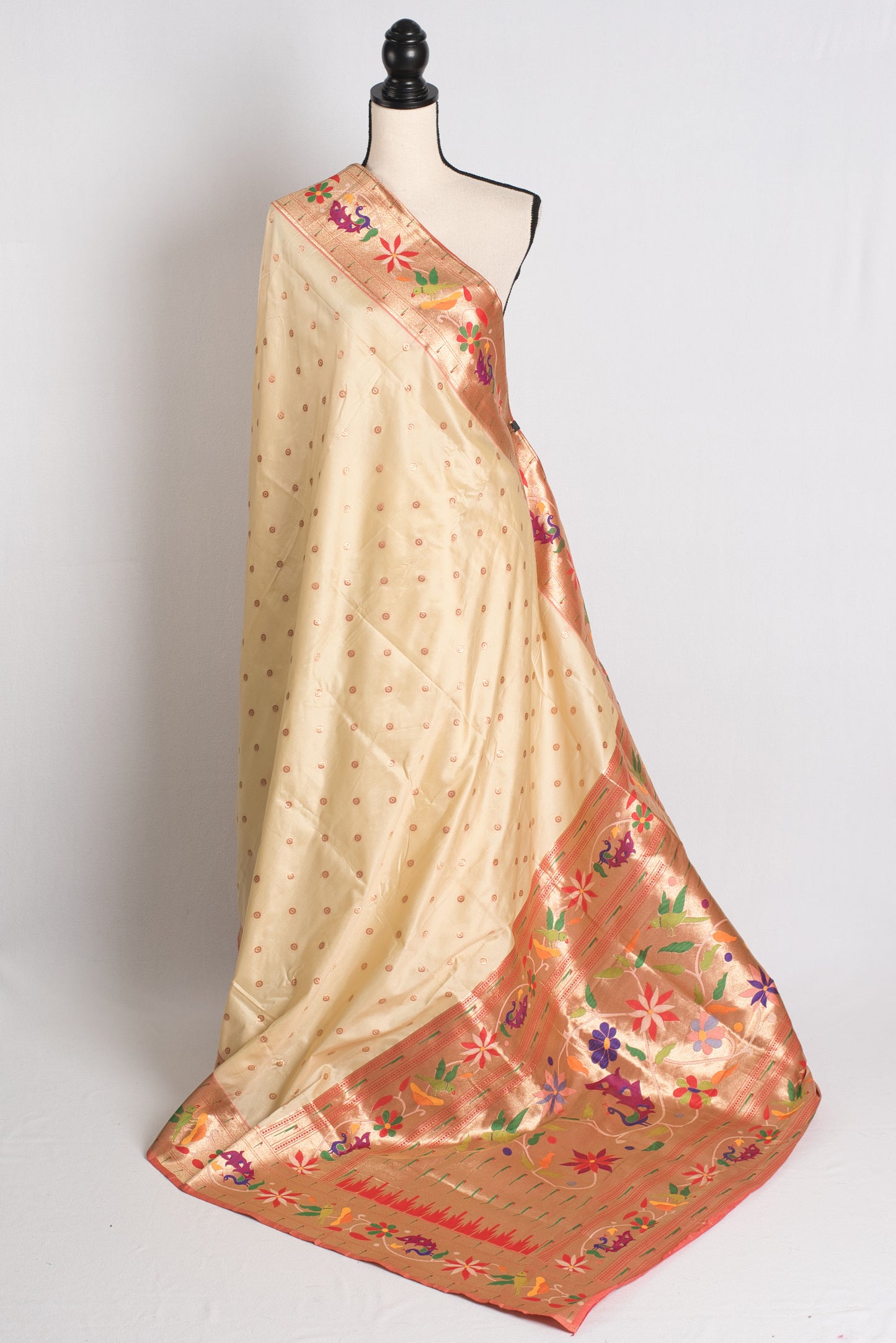 Blended Silk Paithani Saree in Cream and Gold.
