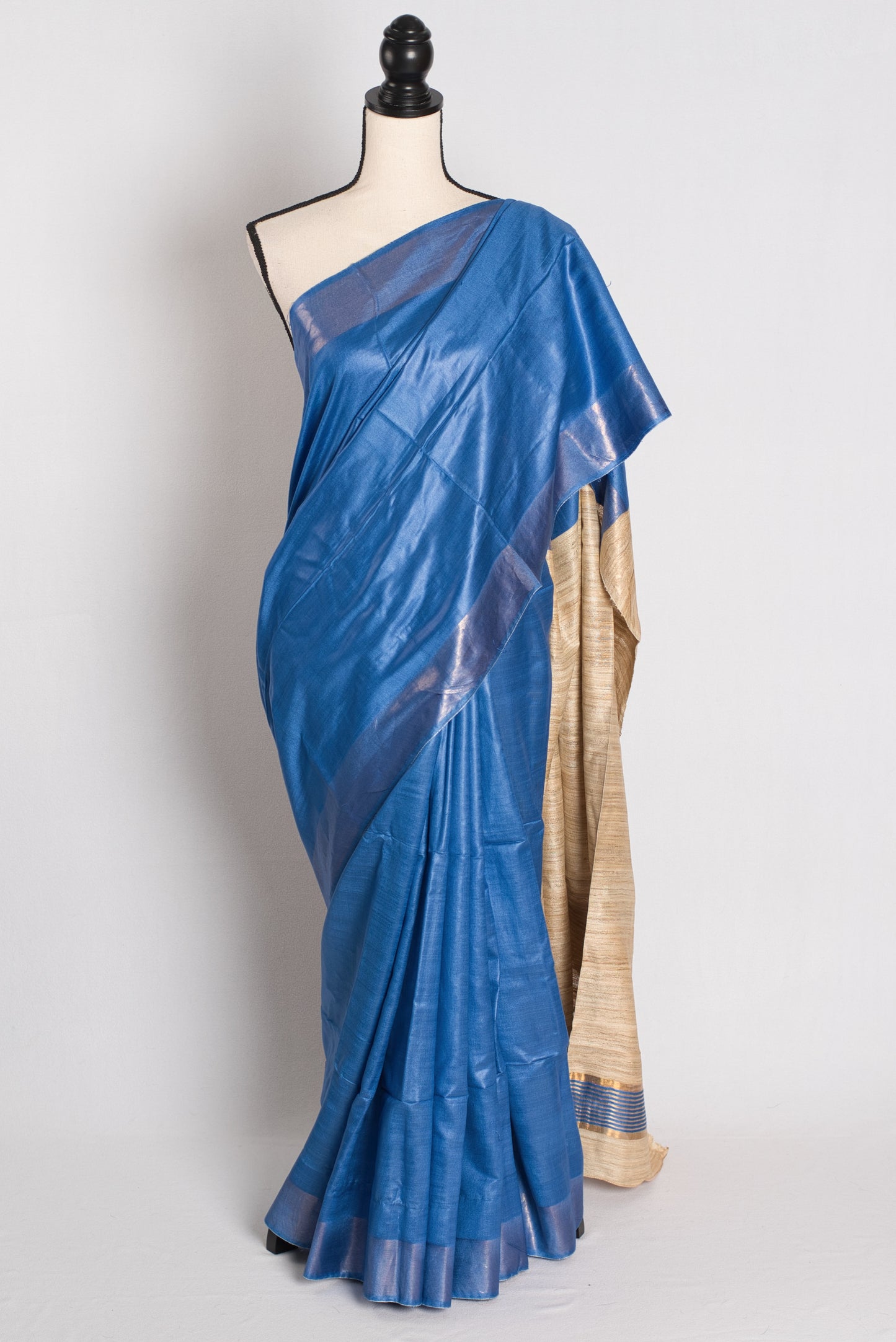 Serene Sky - Blue Staple Tussar Silk Saree with Gicha Tussar Pallu.