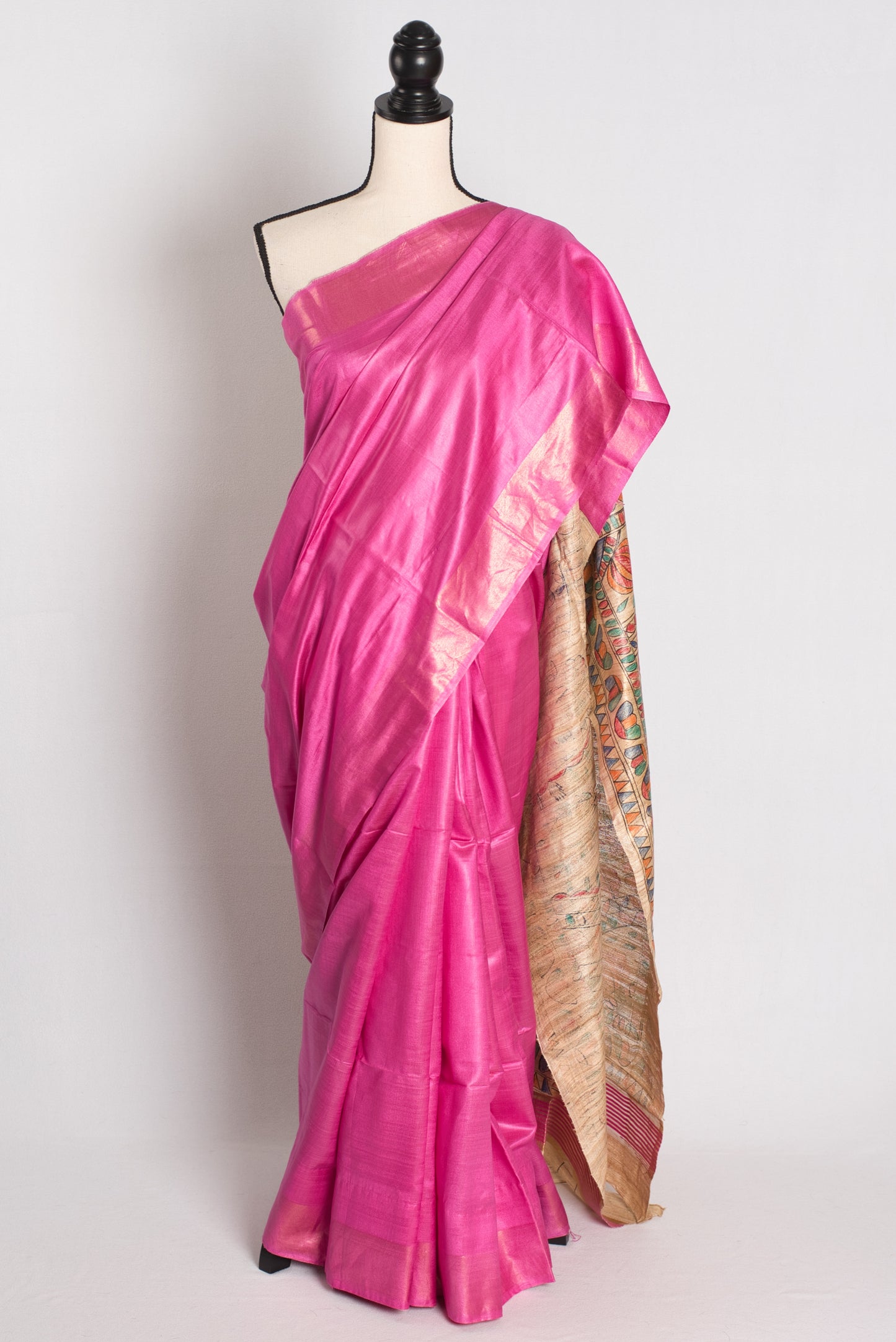 Madhubani Rose - Pink Tussar Silk Saree with Hand Painted Pallu.