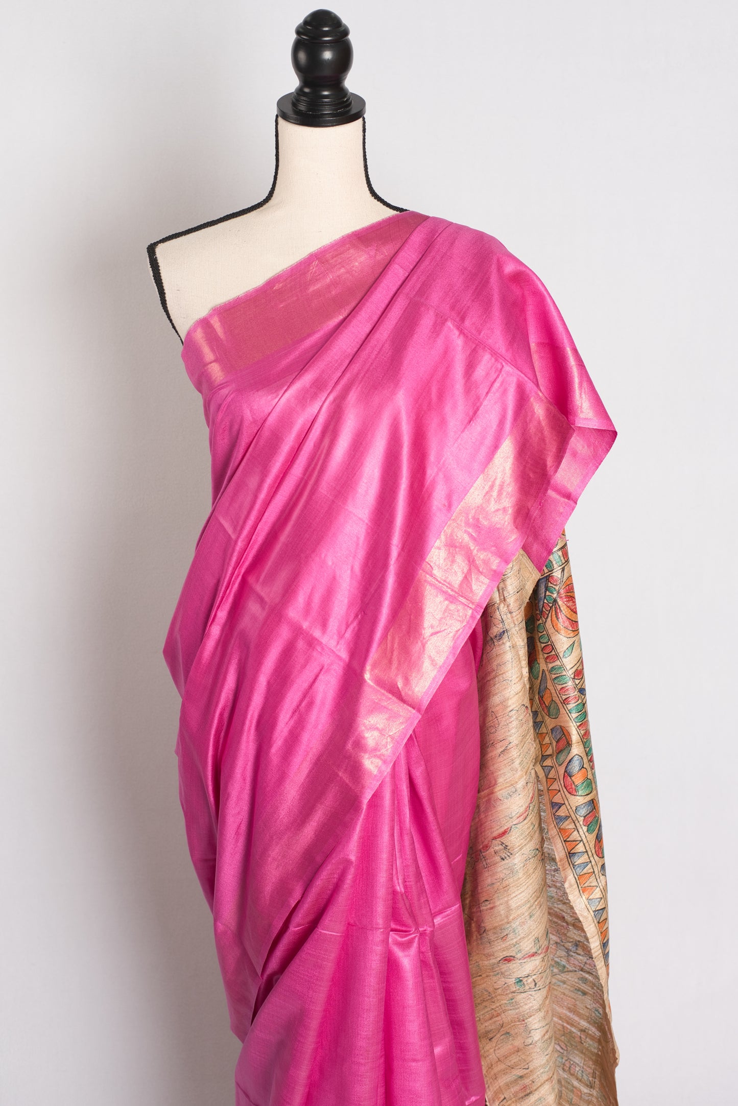 Madhubani Rose - Pink Tussar Silk Saree with Hand Painted Pallu.