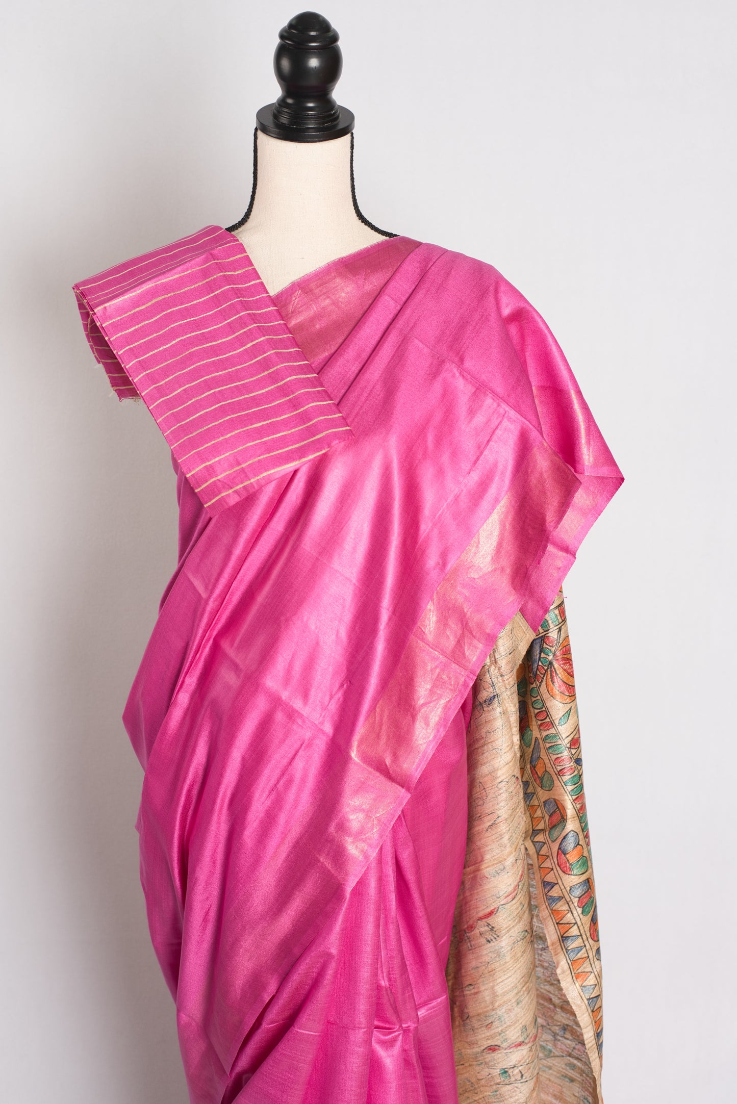 Madhubani Rose - Pink Tussar Silk Saree with Hand Painted Pallu.