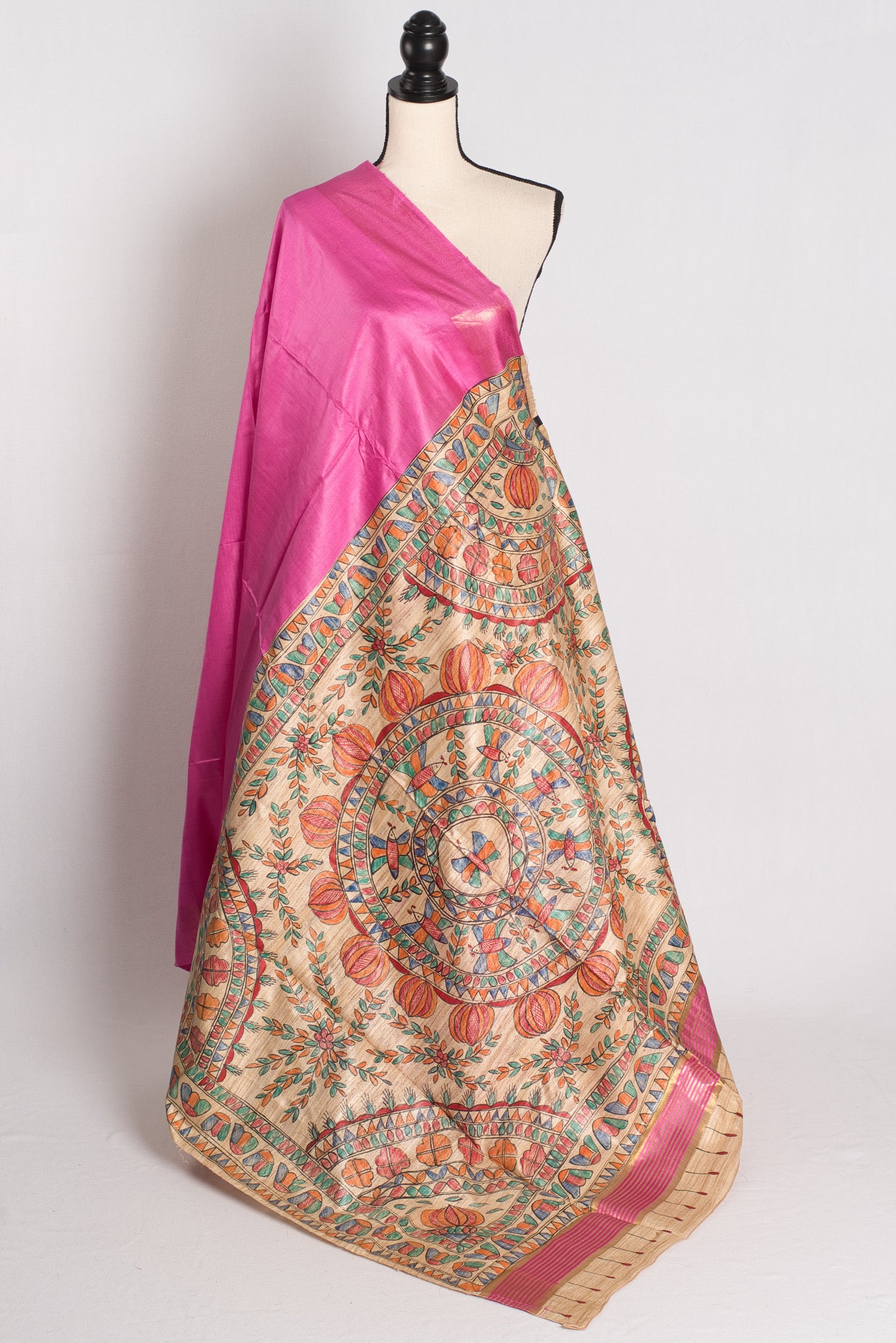 Madhubani Rose - Pink Tussar Silk Saree with Hand Painted Pallu.