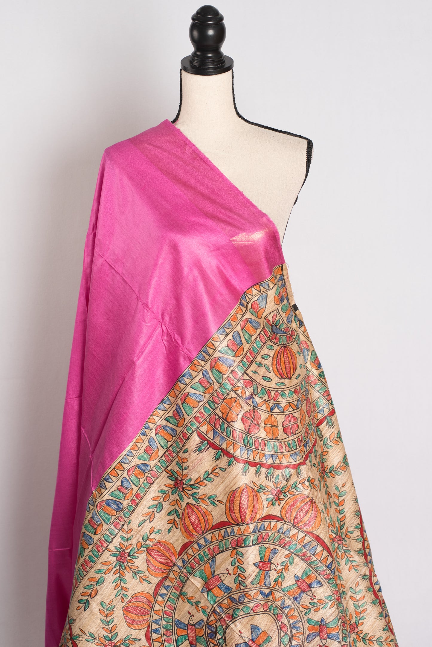 Madhubani Rose - Pink Tussar Silk Saree with Hand Painted Pallu.