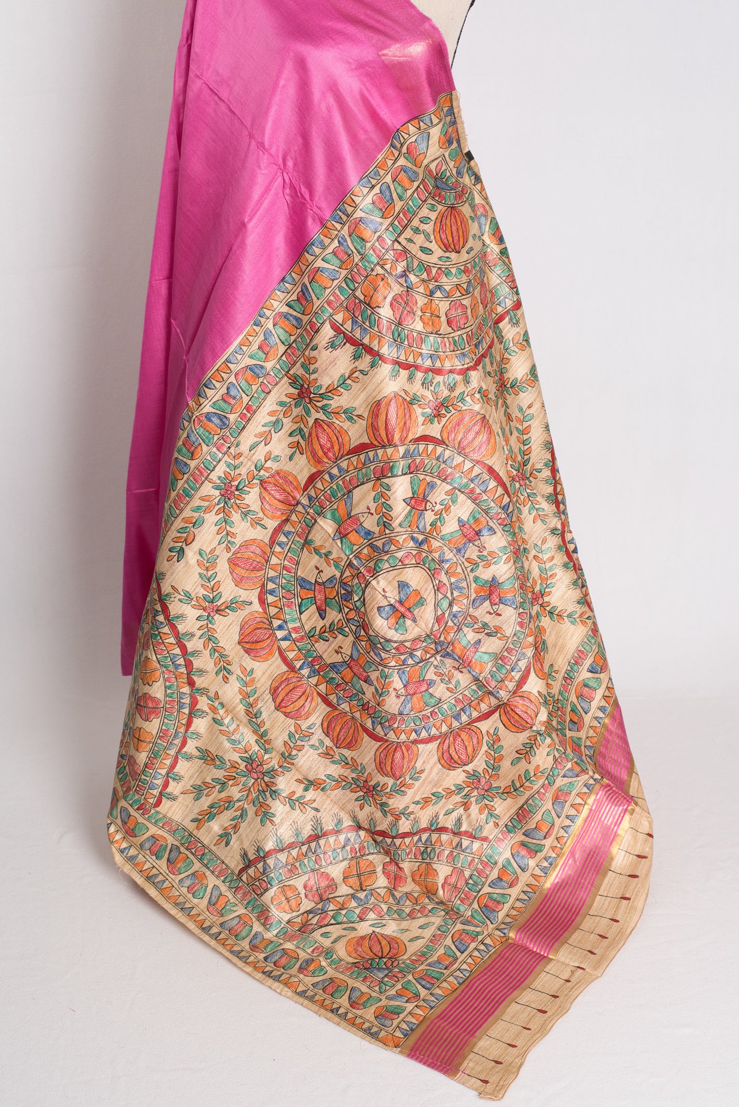 Madhubani Rose - Pink Tussar Silk Saree with Hand Painted Pallu.