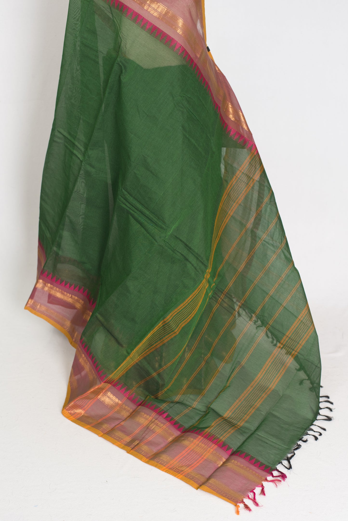 Janaki : Handwoven Kanchi Cotton Saree in Green and Matte Purple