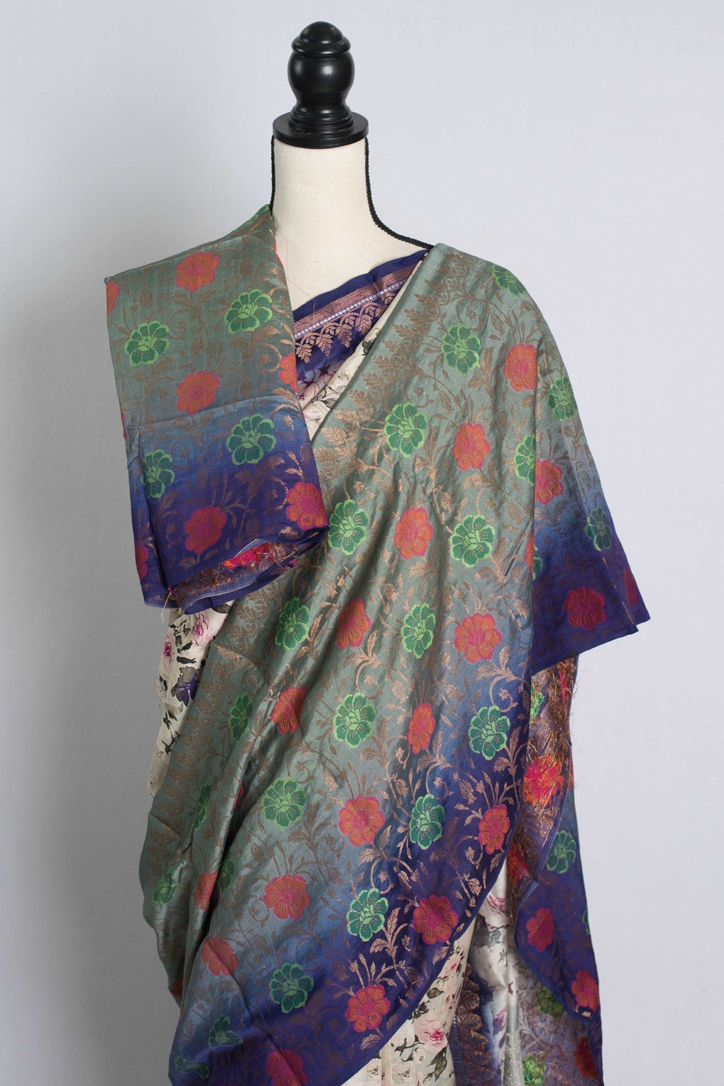 Chiniya Silk Banarasi Saree in Off White, Green and Purple