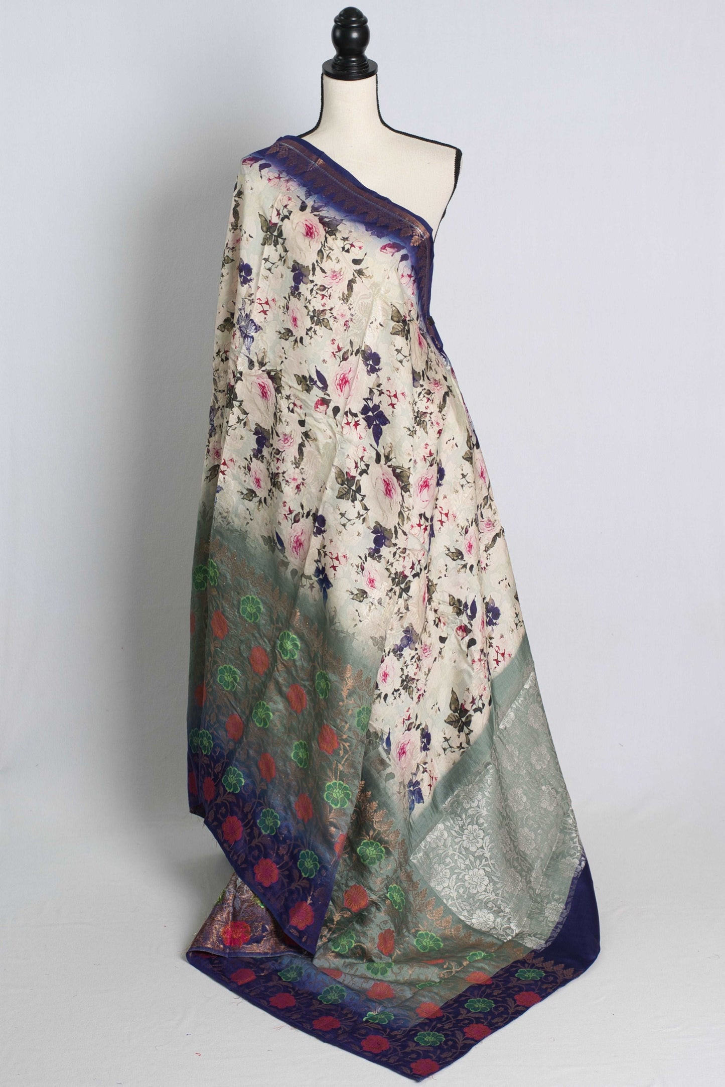 Chiniya Silk Banarasi Saree in Off White, Green and Purple