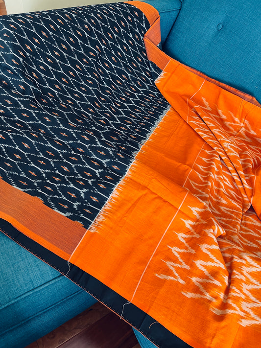 Blended Cotton Pochampally Saree in Black and Orange.