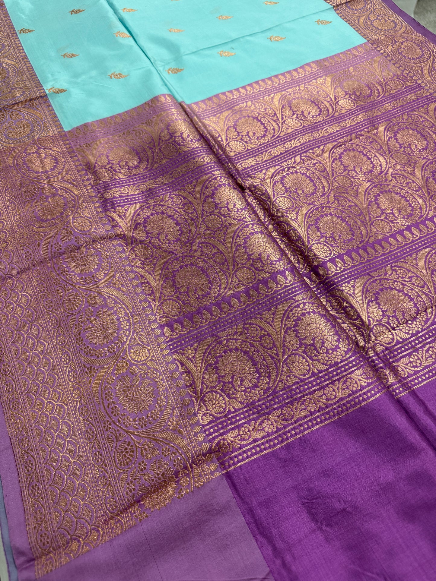 Katan Silk Banarasi Saree with 42 Size Stitched Blouse - Pastel Collection.