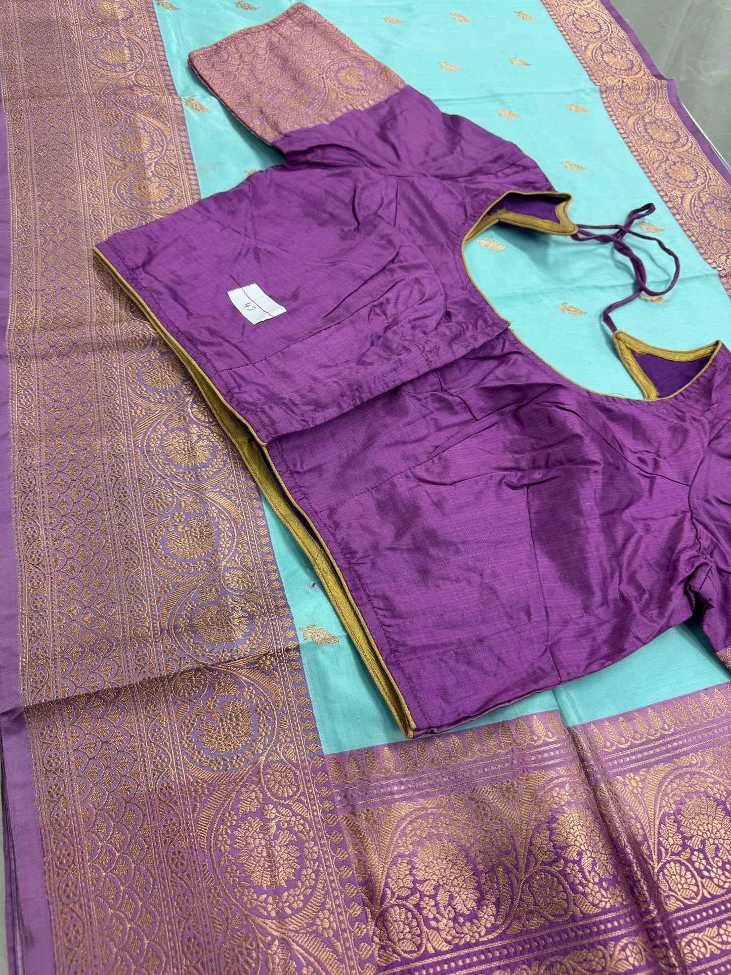 Katan Silk Banarasi Saree with 42 Size Stitched Blouse - Pastel Collection.
