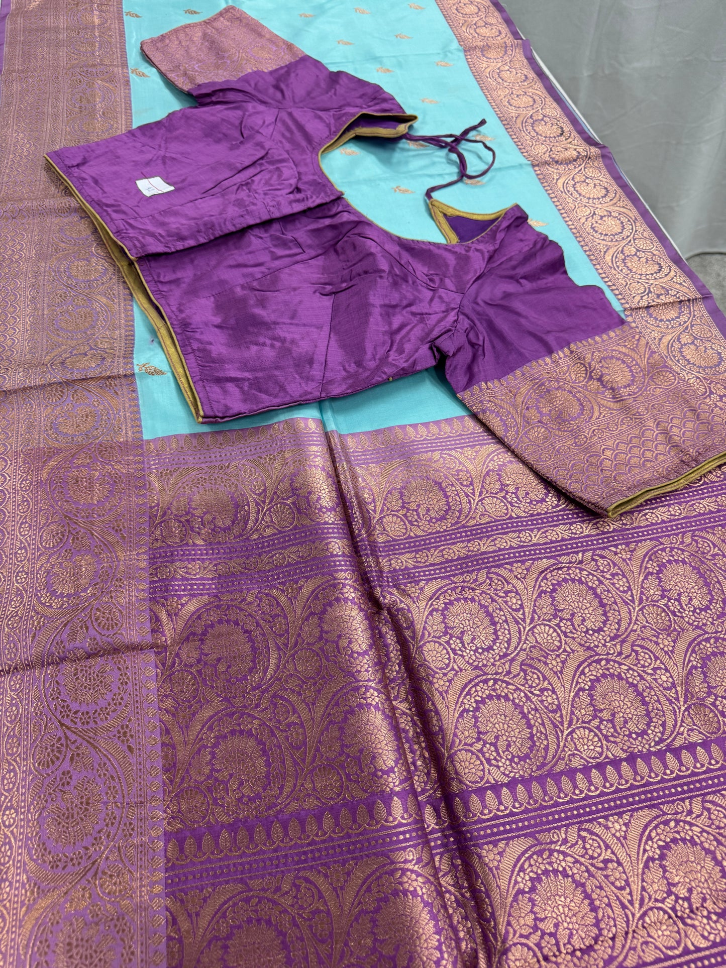 Katan Silk Banarasi Saree with 42 Size Stitched Blouse - Pastel Collection.