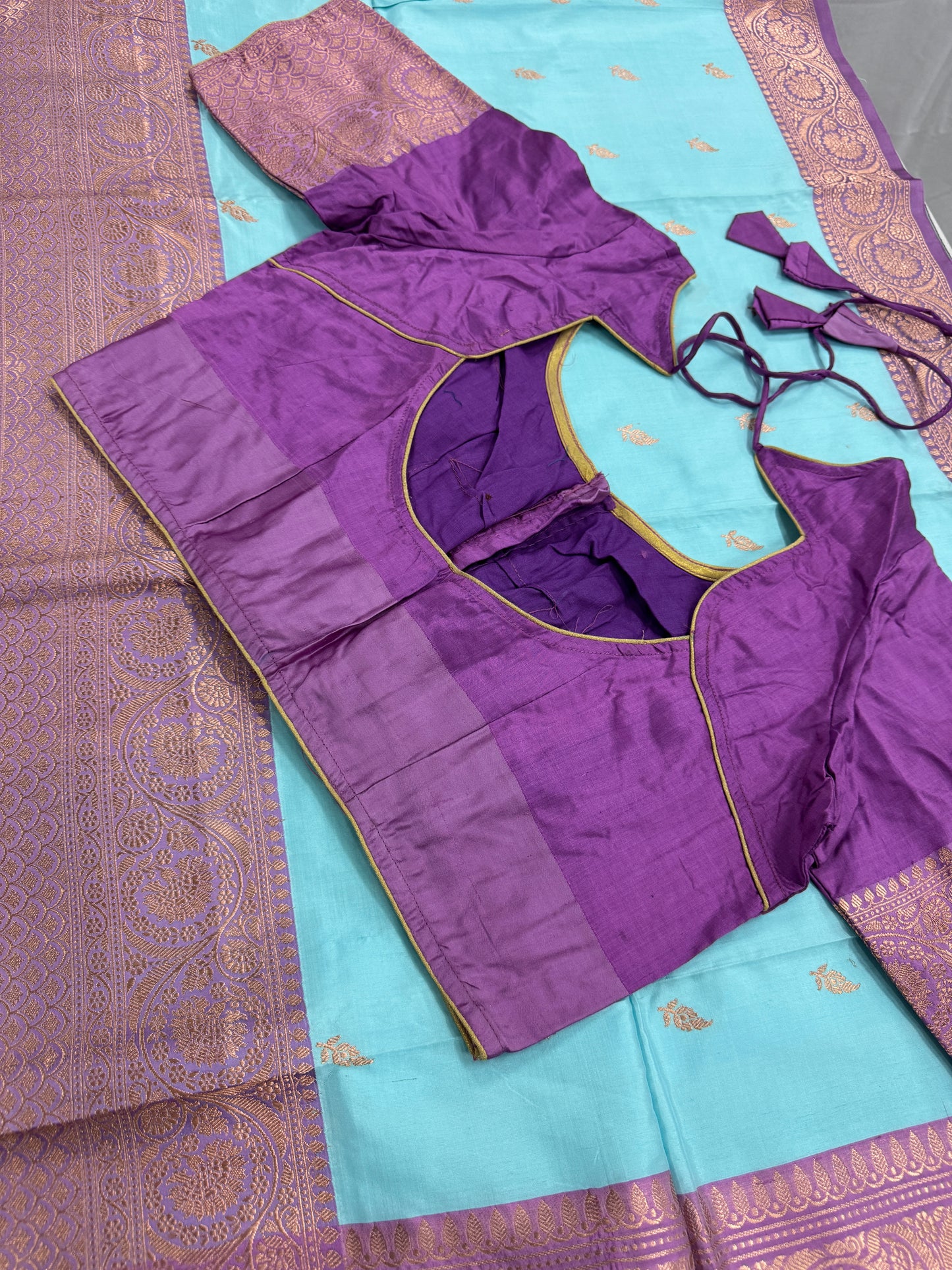 Katan Silk Banarasi Saree with 42 Size Stitched Blouse - Pastel Collection.