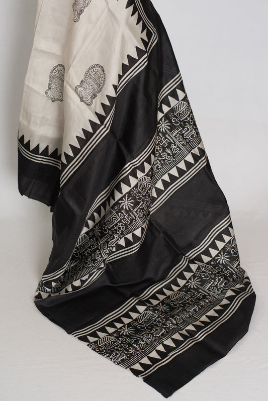 Mritika : Off-White and Black Kalamkari Style Murshidabad Silk Saree image 1
