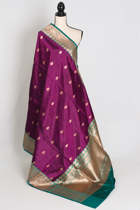 Giri : Silk Mark Certified Banarasi Saree in Eggplant Purple and Green image 1