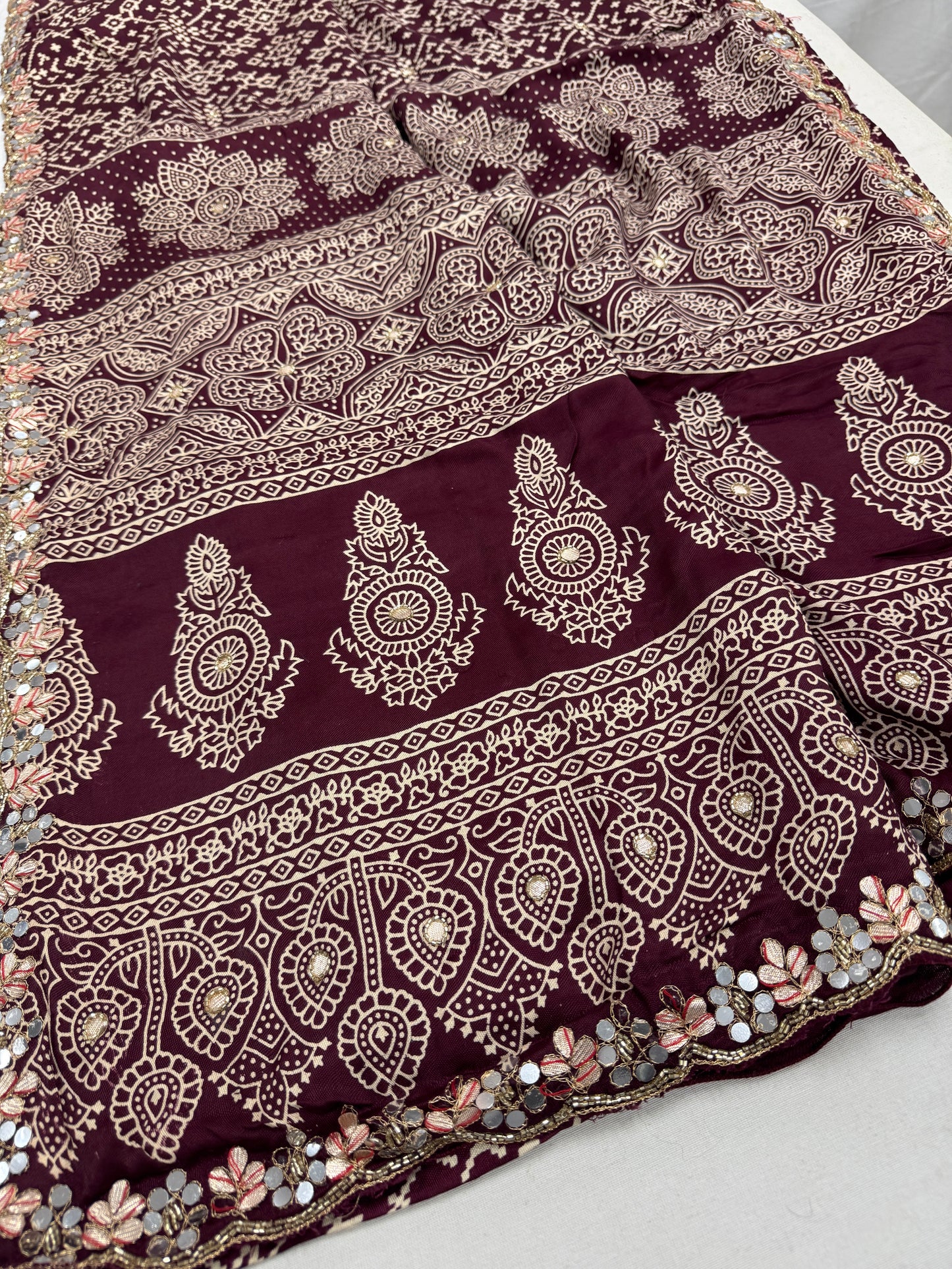 Aarthy : Maroon Modal Silk Ajrakh Saree with Hand Embroidery Work image 3