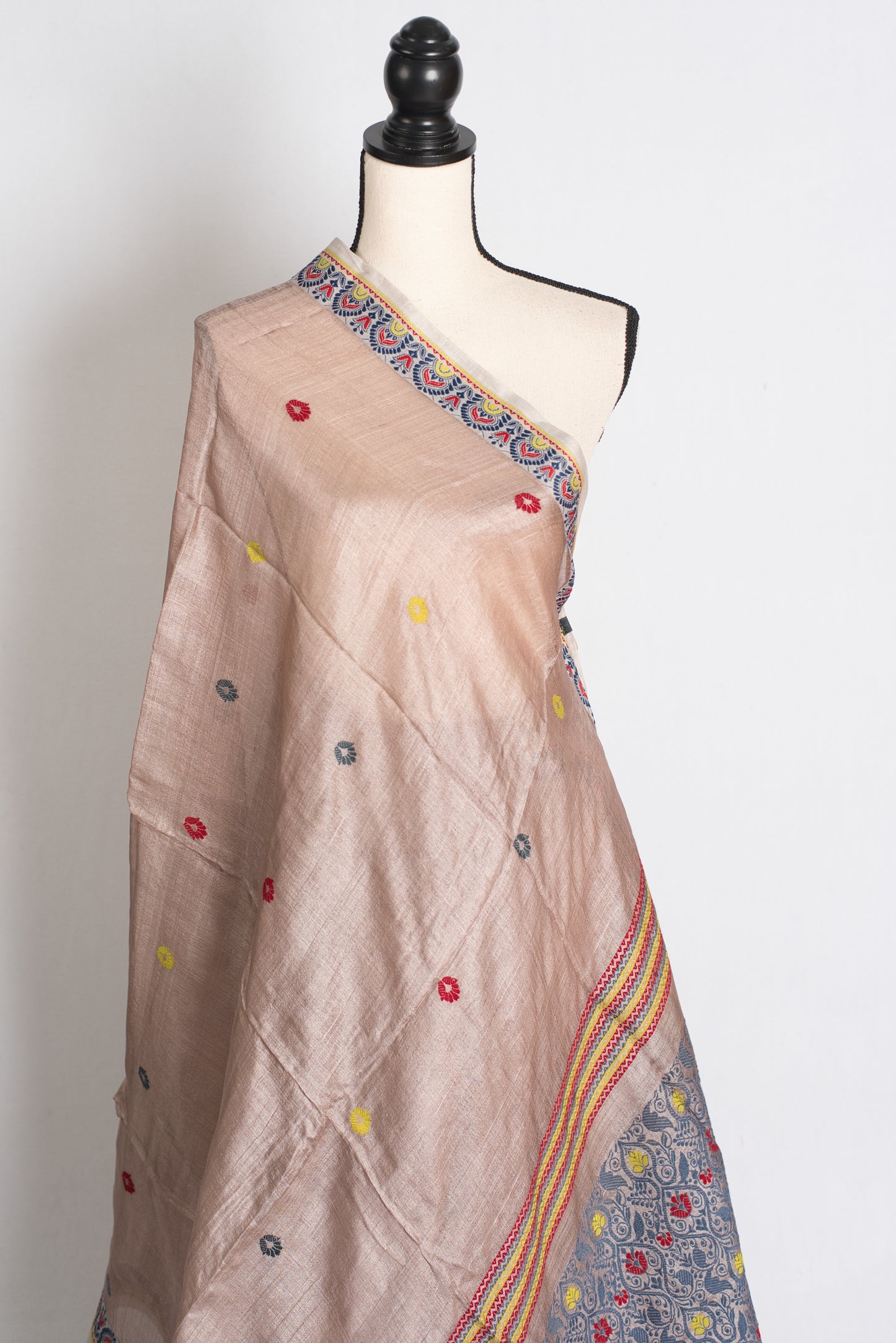 Charulata : Bengal Tussar Silk Saree in English Brown with Multicolour Buti image 4