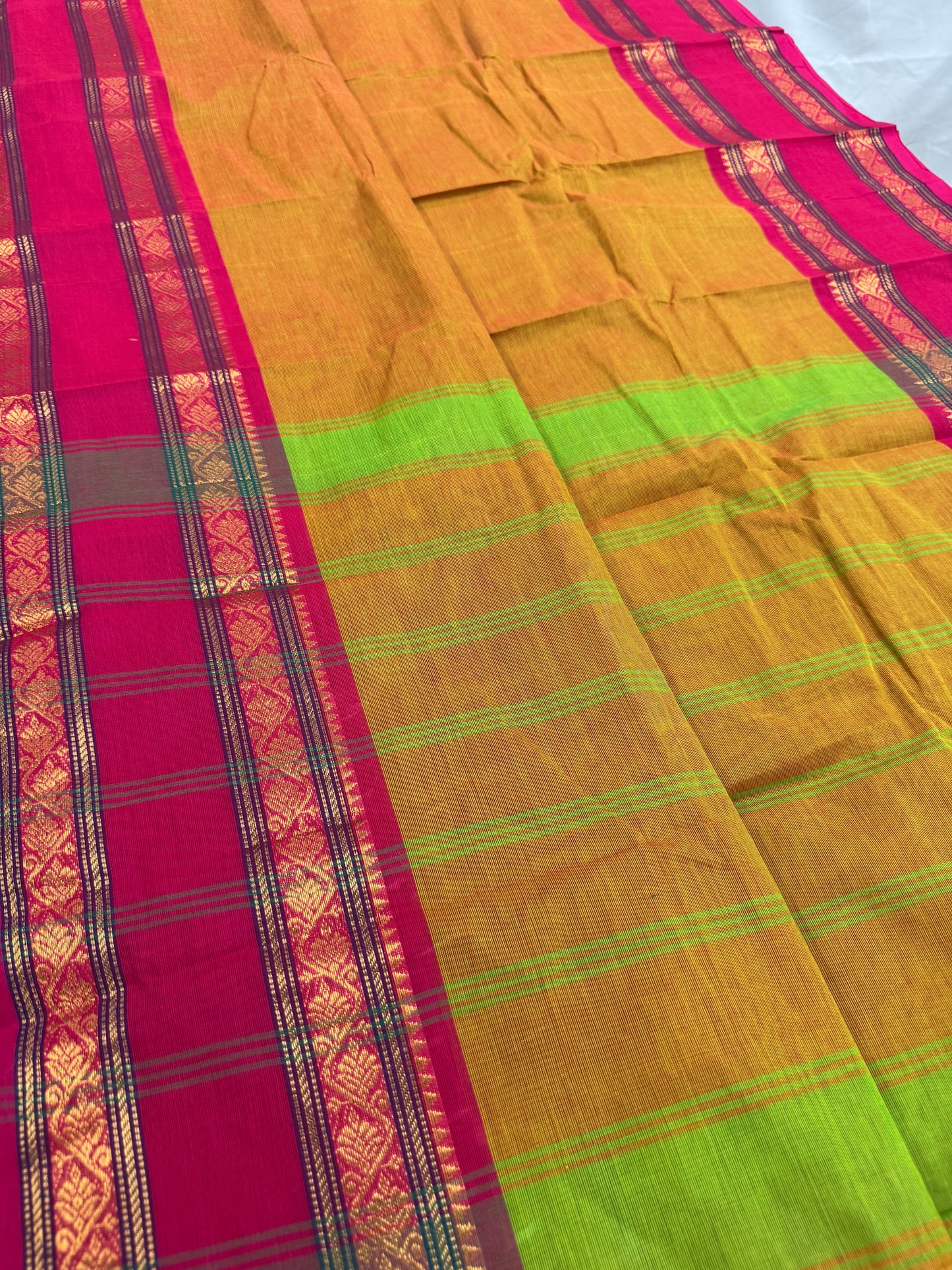 Vrinda : Handwoven Kanchi Cotton Saree in Orangish Yellow with Rani Pink image 4