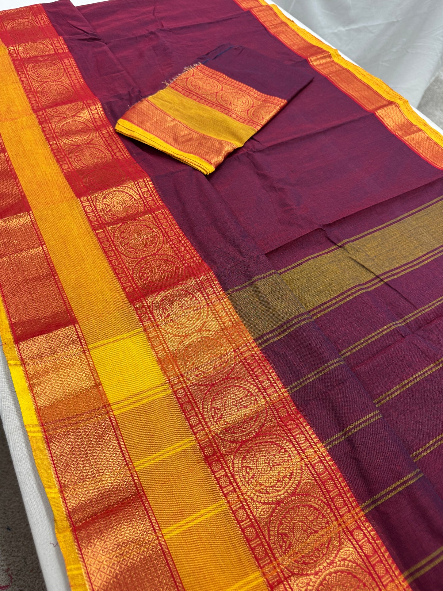 Mandira : Handwoven Kanchi Cotton Saree in Maroon and Yellow image 1
