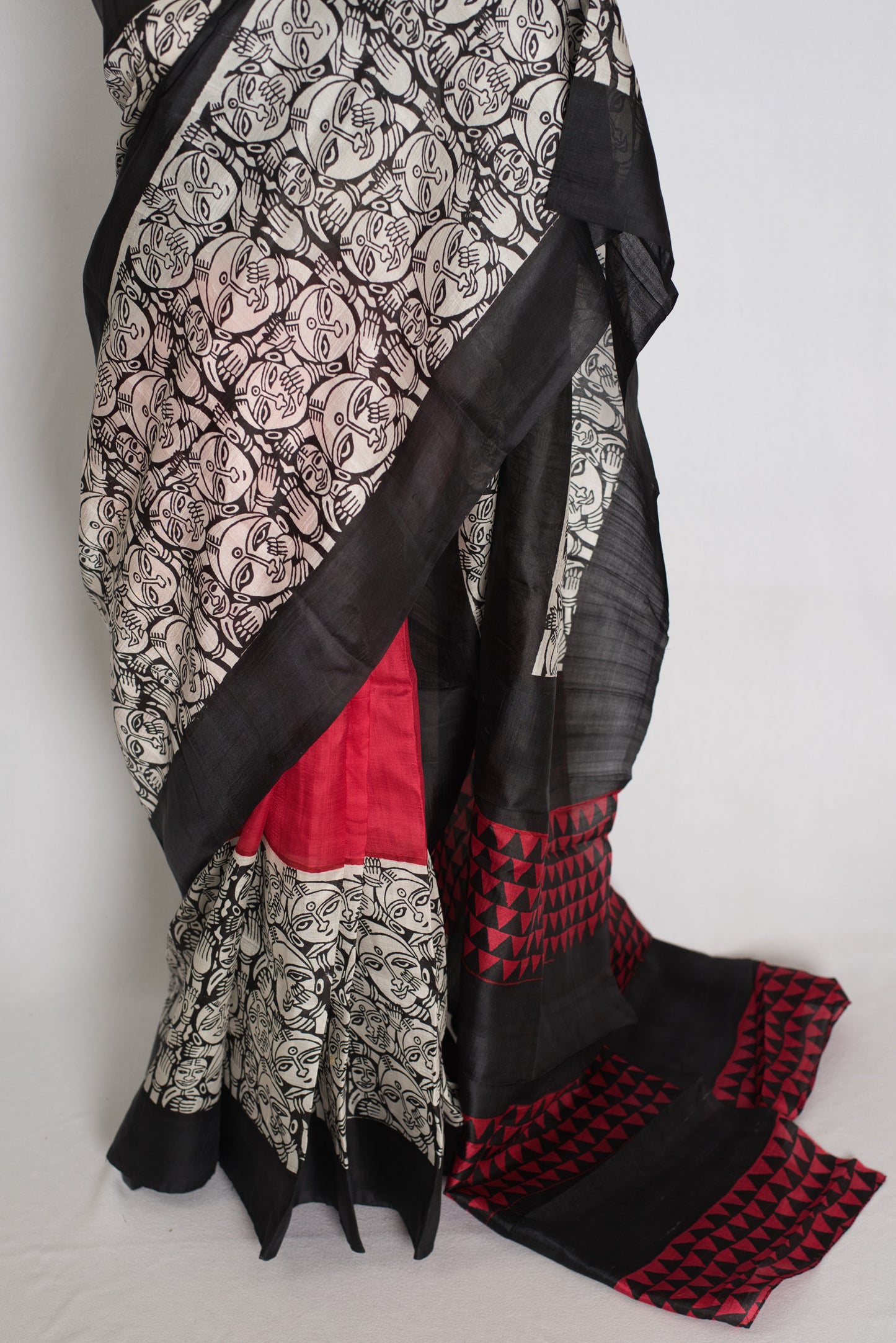 Swapna : Black and Red Half and Half Hand Block Printed Murshidabad Silk Saree image 6
