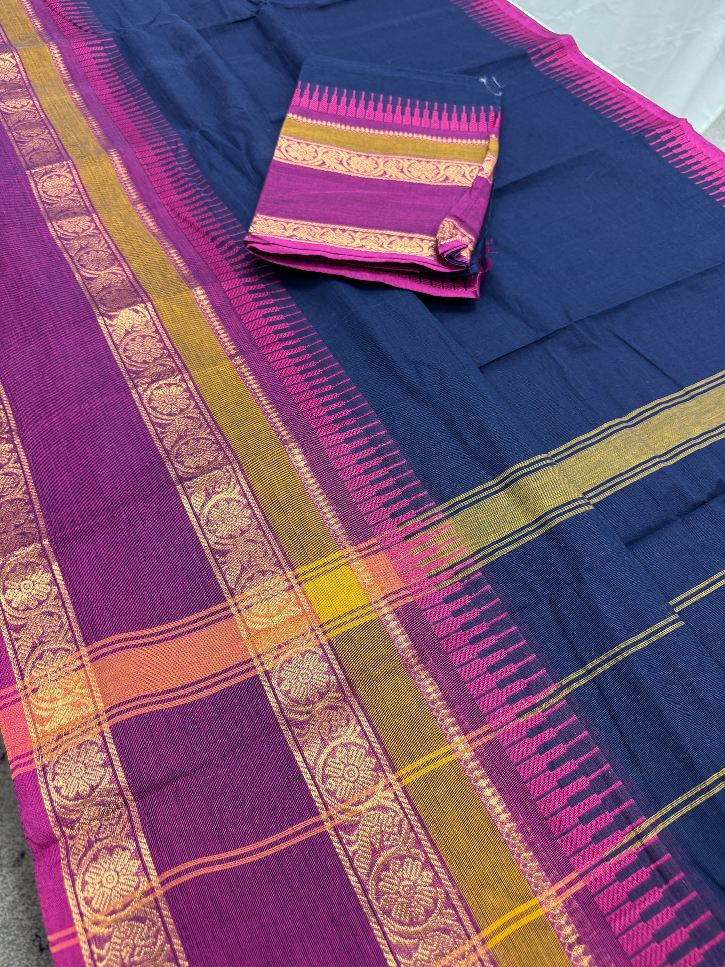 Meera : Handwoven Blue Cotton Kanjivaram Saree with Magenta Border image 1