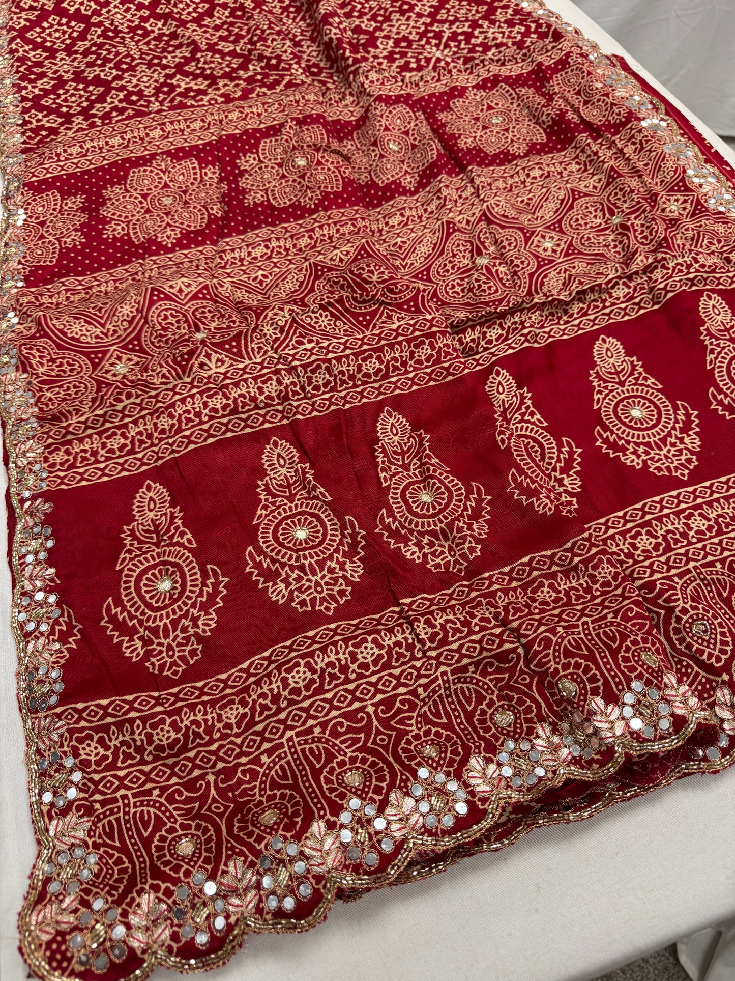 Sindhu : Sindoori Red Modal Silk Ajrakh Saree with Hand Embroidery Work image 2