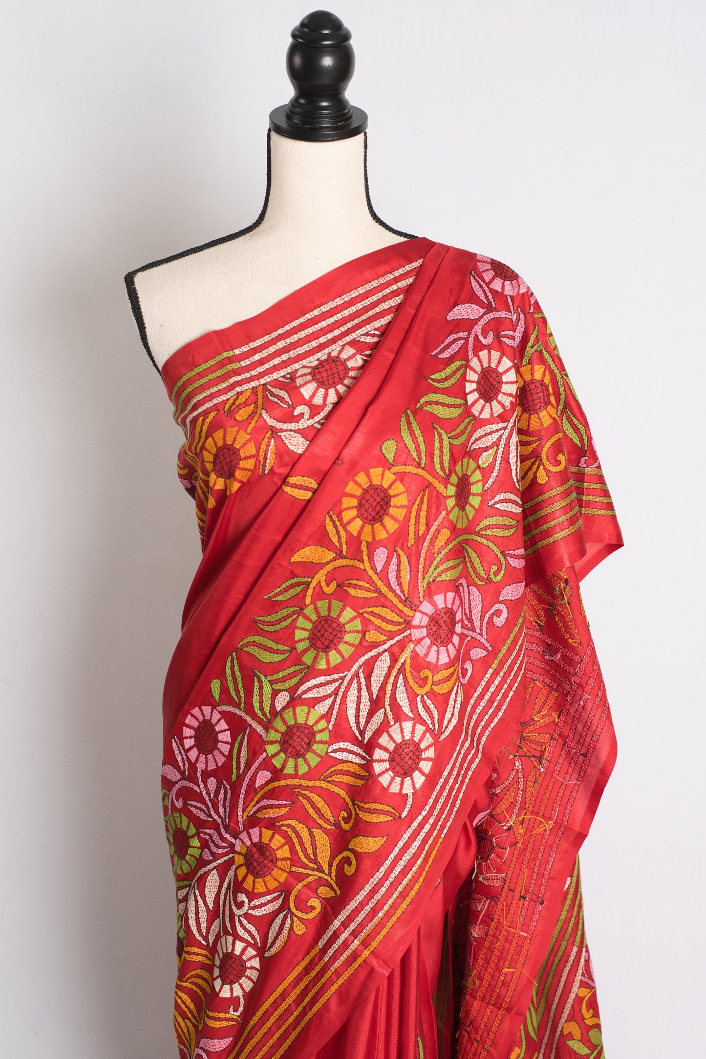 Agni Rekha - Red Blended Silk Hand Embroidered Kantha Stitch Saree image 5
